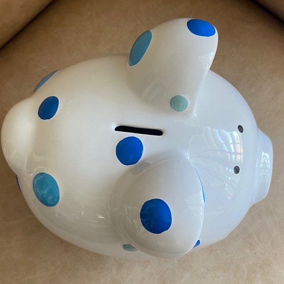 Child To Cherish White/Blue Polka Dots Ceramic Piggy Bank Baby Gift Nursery - Picture 4 of 6